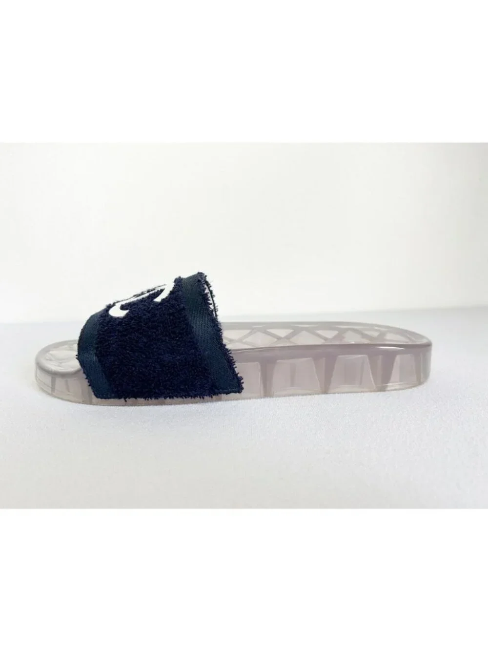 CHANEL Terry Cloth CC Jelly Slides in Navy Blue / Crisp White / Clear - Sz 40